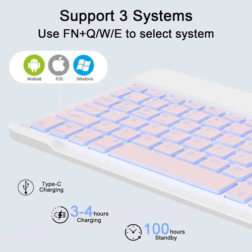 Vista 5 de Combo de teclado y mouse inalámbricos, teclado y mouse Bluetooth recargables con retroiluminación de 7 colores y receptor USB inalámbrico de 2.4 Rosa