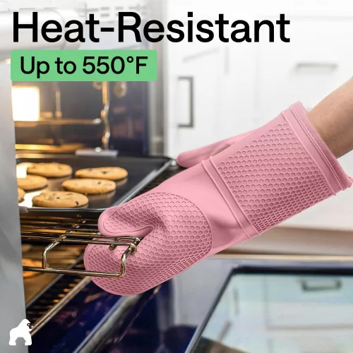 Vista 5 de GORILLA GRIP Guantes de horno de silicona suave sin BPA, guantes de cocina resistentes al calor e impermeables, forro de algodón grueso, agarre