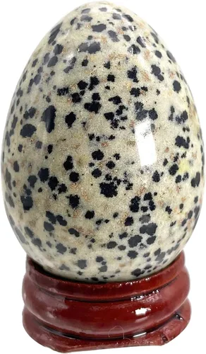 Fekuar Figura de huevo de piedra, cristal curativo pulido, escultura de esfera con soporte de madera, jaspe de dálmata, 1.8 pulgadas