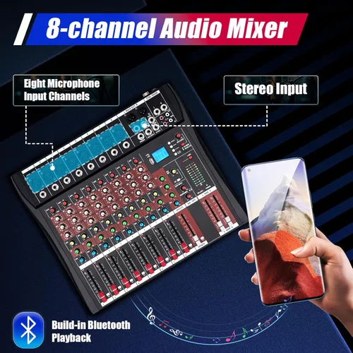 Vista 2 de Mezclador de audio, mezclador de tablero de sonido de 8 canales, mezclador de sonidos profesional con reproductor de MP3 e interfaz USB, Bluetooth