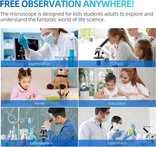Vista 6 de SWIFT Kit de microscopio monocular compuesto para adultos, estudiantes, principiantes, kit STEM 80X-2000X con microscopio de cuerpo de metal, caja
