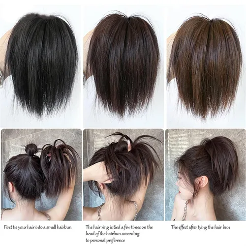 Vista 7 de Extensiones de moño de cabello sintético, extensiones de moño de cabello sintético desordenado, esponjoso, lacio, banda elástica, moño, extensiones