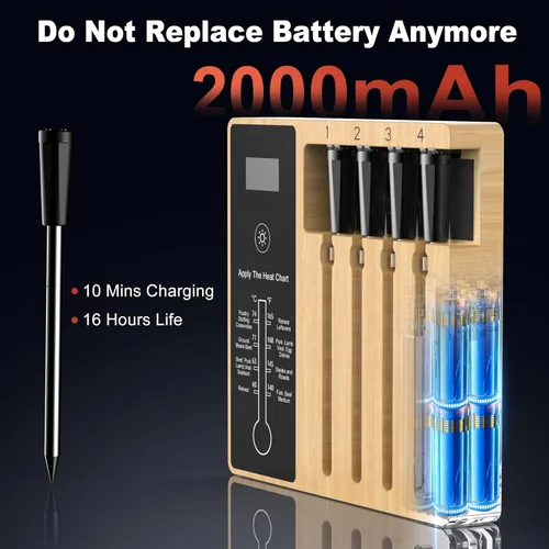 Vista 7 de Termómetro inalámbrico inteligente para carne, 4 sondas, termómetro Bluetooth para alimentos, seguimiento remoto y lecturas en tiempo real desde