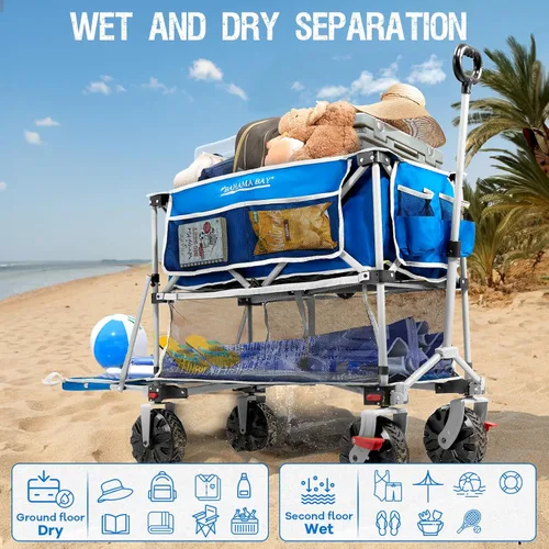 Vista 8 de Old Bahama Bay 400L - Carro de playa plegable de doble piso con frenos, carrito de playa plegable con cubierta extra larga de 54 pulgadas, vagón