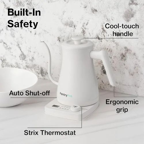 Vista 3 de PantryPro Hervidor eléctrico de cuello de cisne con control de temperatura, hervidor rápido de 34 oz/1.0L, interior de acero inoxidable, apagado