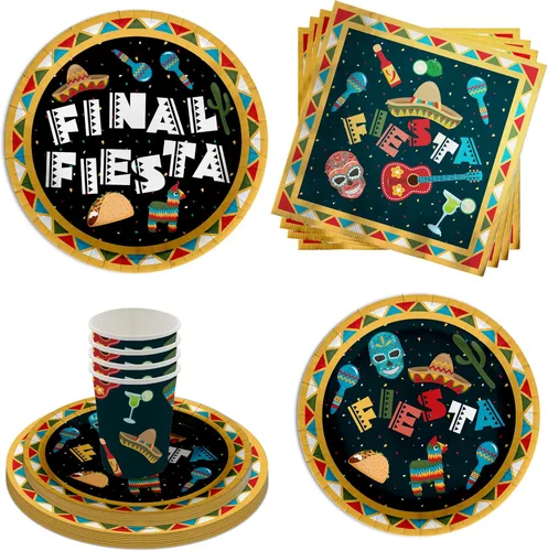 Final Fiesta - Suministros para fiesta de despedida de soltera, juego de vajilla de graduación con temática mexicana de 64 piezas, incluye platos