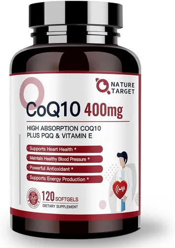 NATURE TARGET CoQ10-400mg Plus PQQ con vitamina E y aceite de oliva orgánico - Coenzima-Q10 con BioPerine - Antioxidante de alta absorción para la