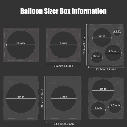 Vista 2 de Caja de cubo plegable de plástico con 11 agujeros, herramienta de medición para cumpleaños, boda, fiesta, decoración de globos, 2-10 pulgadas (1)