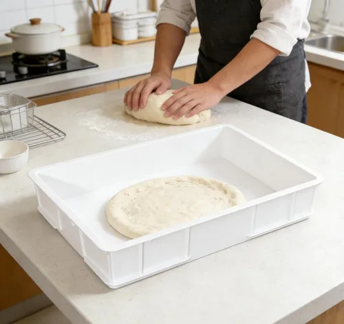 Vista 7 de Kekow Paquete de 4 recipientes de plástico a prueba de masa de pizza, bandejas de masa apilables comerciales para pizza, 23.62 x 16.42 x 3.74