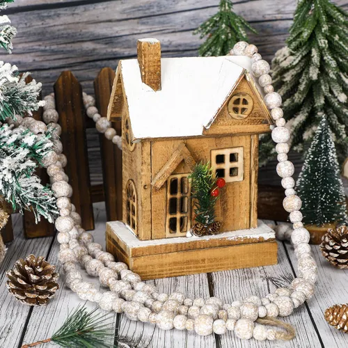 Vista 4 de Ceenna 2 guirnaldas de cuentas de madera de 18 pies para árbol de Navidad, guirnalda de cuentas redondas, decoración de granja para colgar