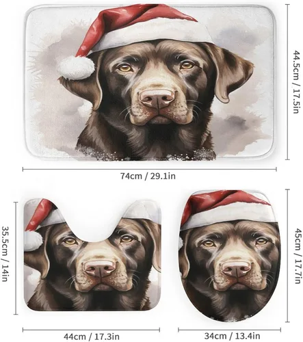 Vista 3 de Juego de 4 cortinas de ducha de baño de Labrador de chocolate, gorro de Papá Noel, juego de cortinas de ducha antideslizantes y tapete de inodoro
