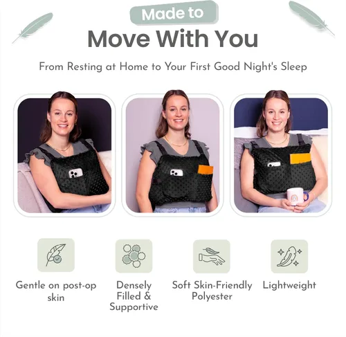 Vista 7 de MOYOAMA Almohada Post Mastectomía – Kit Protector de 4 Piezas incl. 1 Paquete de Gel, Cojín para Cinturón de Seguridad, Ducha Lan- Elementos