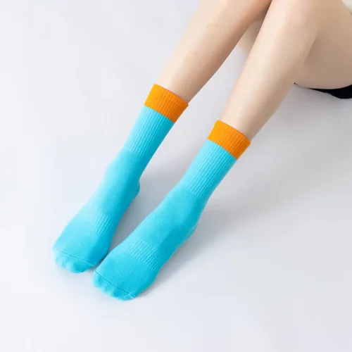 Vista 6 de Yoga Pilates Socks with Grips for Women Non Slip Color Blocking Cushioned Crew Socks for Barre Ballet Dance