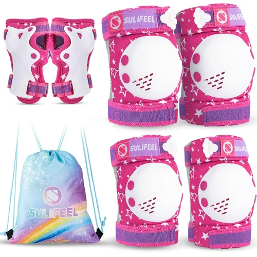 Vista 14 de SULIFEEL Rodilleras de arcoíris y unicornio para niños, coderas, muñequeras con bolsa de cordón, juego de equipo de protección ajustable para niñas