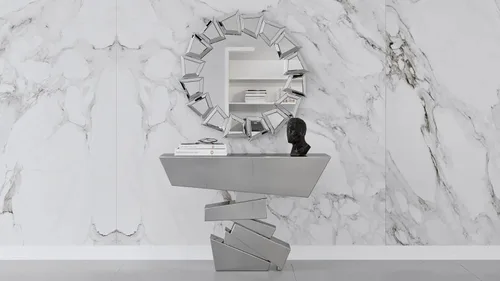 Vista 3 de ZURI Muebles de Naxos moderna mesa de consola con acabado de cristal con diseño geométrico agudo