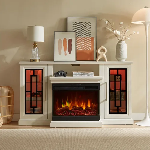 Vista 6 de 59 Inch LED TV Stand with 3-Side Glass Fireplace, Modern Media Entertainment Center Console Table for TVs up to 65 Inch with Adjustable Flame & LED