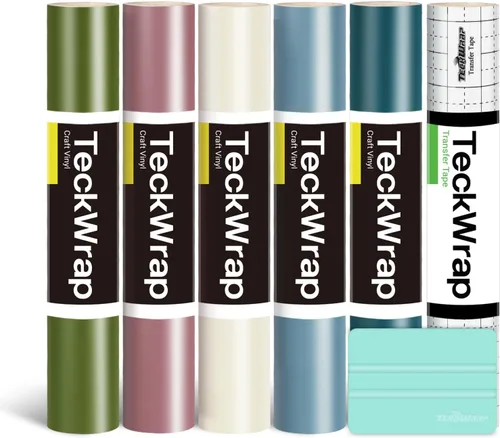 TECKWRAP Paquete de vinilo adhesivo permanente para cortador de manualidades de 12 x 36 pulgadas, rollos (oliva mate, oro rosa, blanco marfil, azul