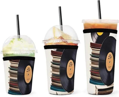 Vinyl Records And Tapes Reusable Insulated Neoprene Iced Coffee Cup Sleeves 3 Sizes Diving Material Cup Durable Beverage Covers for Cold Coffee Tea