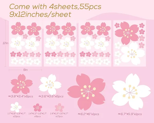Vista 2 de FLFK 55 calcomanías de pared de flores de cerezo para despegar y pegar, calcomanías de pared para guardería, sala de estar, dormitorio, habitación