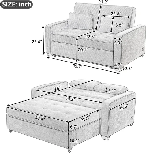 Vista 2 de Merax Cama tapizada de lino de 65.7 pulgadas, sofá cama extraíble adjunta 2 cojines, puerto de carga USB doble y respaldo ajustable para sala de Gris