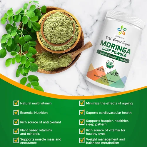 Vista 5 de Cápsulas orgánicas de hoja de moringa Aura 1500 mg - 150 HPMC Veg Nutrición súper alimentaria verde de hojas enteras Aumenta naturalmente