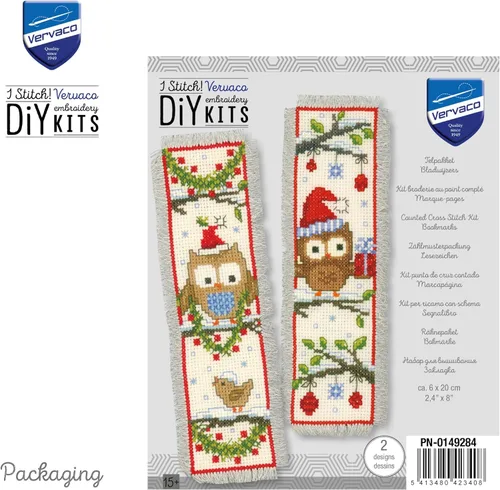 Vista 3 de Vervaco Kit de marcapáginas de punto de cruz (juego de 2) búhos en sombreros de Santa 2.4 x 8 pulgadas