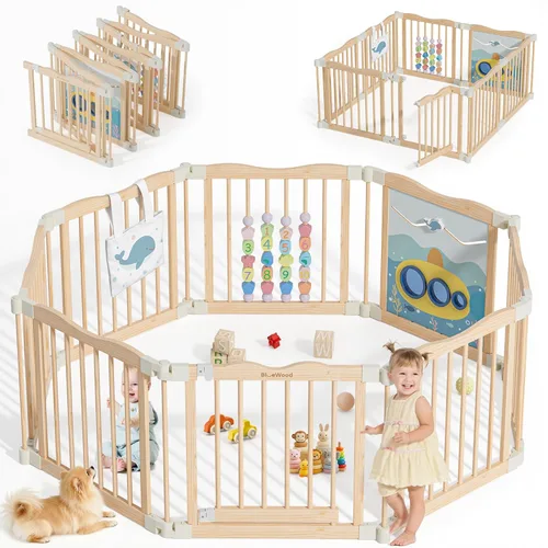 Vista 12 de Corralito de madera plegable – Patio de juegos de madera ajustable para bebés con cerradura a prueba de niños, valla de seguridad grande