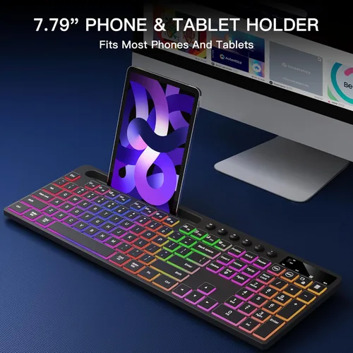 Vista 3 de Wireless Keyboard and Mouse Combo with Backlit - Soueto Full Size Ergonomic Keyboard with Phone Tablet Holder, 2.4GHz Lag-Free Silent Computer Mouse
