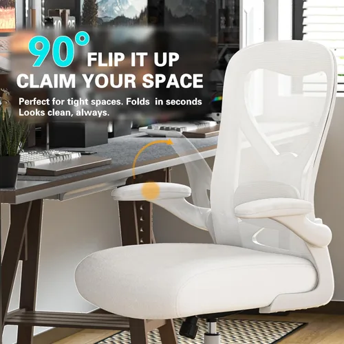 Vista 7 de Silla de escritorio de oficina con soporte lumbar ergonómico, cojín de asiento extra grueso, brazos abatibles, respaldo de malla transpirable, silla