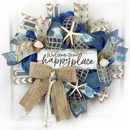 Beautiful Blue Burlap Artisan “Welcome to our happy place” Beach, Coastal, Tropical Wreath with Nautical Rope, Starfish, and Sea Shells