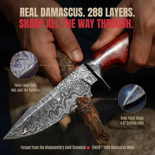 Vista 5 de BIGCAT ROAR Predator Hunter Cuchillo de caza patentado hecho a mano de acero de damasco de hoja fija de 10 pulgadas, mango de madera de nogal