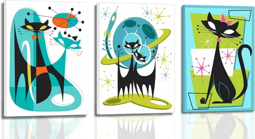 3 piezas de arte de pared enmarcado de gatos atómicos, conjunto de pinturas abstractas de futurismo retro de mediados de siglo, azul verde naranja,