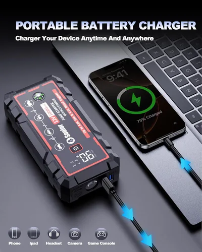 Vista 4 de 9 in 1 Jump Starter, 12V Jump Box Car Battery Jumper Starter Portable with 14 in 1 Protection Jumper Cables, LED Lights, LCD Display, Insulated