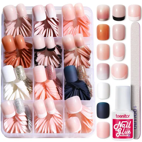 Vista 2 de Teenitor Uñas cortas a presión, kit de manicura de uñas francesas de 312 piezas, uñas postizas con diseño, uñas de punta francesa extra cortas