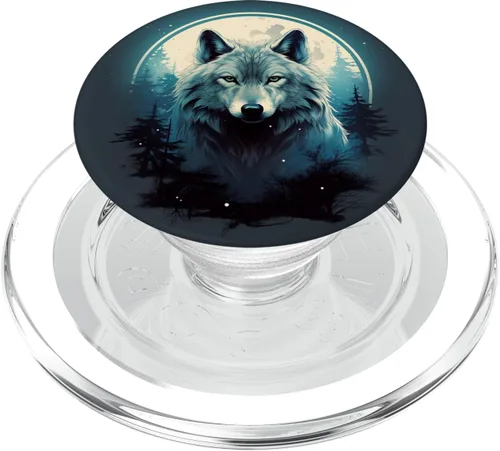 Vista 8 de lobo místico en el bosque en la luna llena PopSockets Standard PopGrip