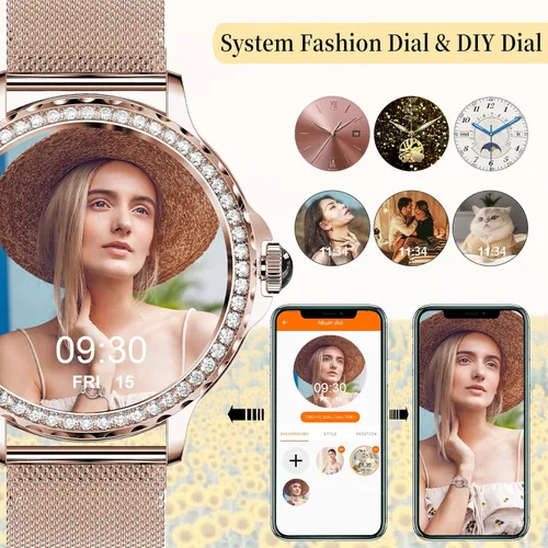 Vista 7 de Smart Watches for Women (Answer/Make Call) with Diamonds, 1.3”HD Screen Bluetooth Smartwatch for Android iOS Phones, IP68 Waterproof Fitness