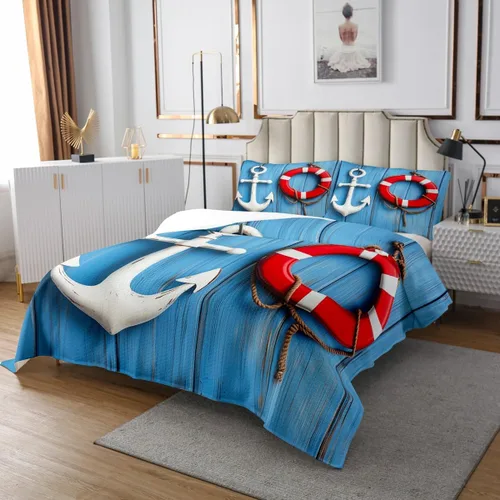 Vista 3 de Erosebridal Juego de colcha náutica costera con anclaje, ropa de cama de playa de verano, tamaño individual, estilo clásico, juego de edredón de 2