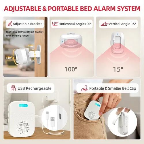 Vista 6 de CallToU Alarmas de cama para pacientes ancianos/demencia que deambulan, buscapersonas y sensor portátil con funciones de alerta de vibración