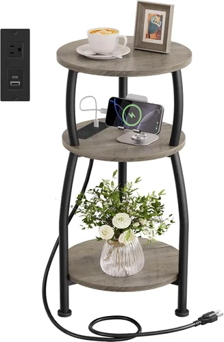 Vista 17 de Mesa auxiliar redonda con toma de corriente y puertos USB, mesa auxiliar de 3 niveles con estante de almacenamiento, mesita de noche rústica
