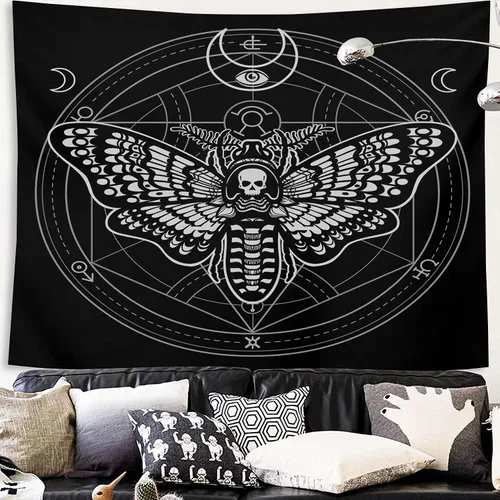 SPXUBZ Tapiz de pared de Halloween, polilla, cabeza muerta, círculo místico, símbolo esotérico, geometría sagrada, signo de la luna, decoración para