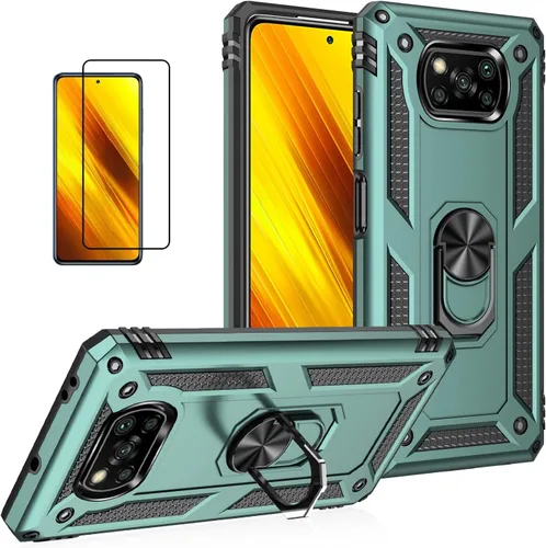Vista 98 de Funda para Xiaomi POCO X3 NFC /X3 Pro con protector de pantalla, armadura de protección militar híbrida resistente a prueba de golpes, funda Negro