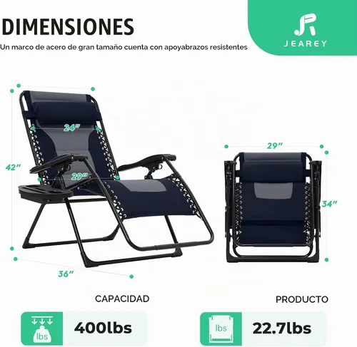 Vista 3 de JEAREY - Silla de gravedad cero, reclinable acolchado de gran tamaño, color azul marino/gris