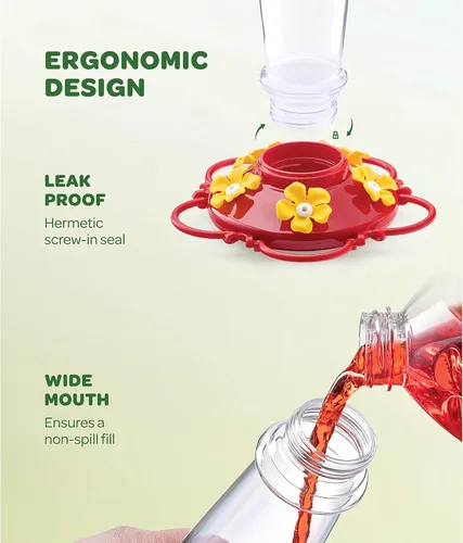Vista 6 de Comedero para colibríes de 10 onzas, paquete de 2, comederos de vidrio para colibríes para exteriores, con protector de hormigas integrado, percha