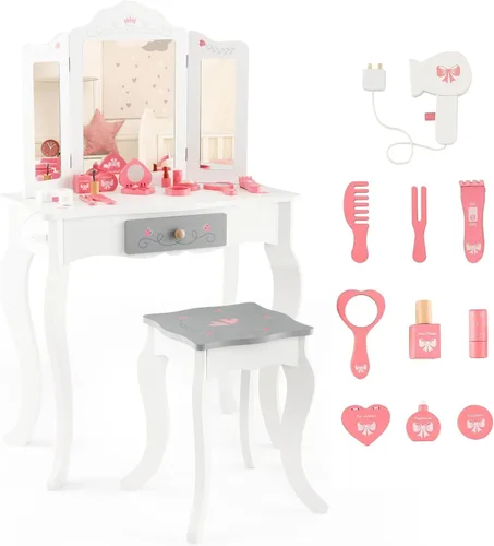 Vista 14 de HONEY JOY Juego de tocador para niños, mesa de maquillaje de madera estilo princesa con taburete y cajón, espejo de triple plegado, parte superior