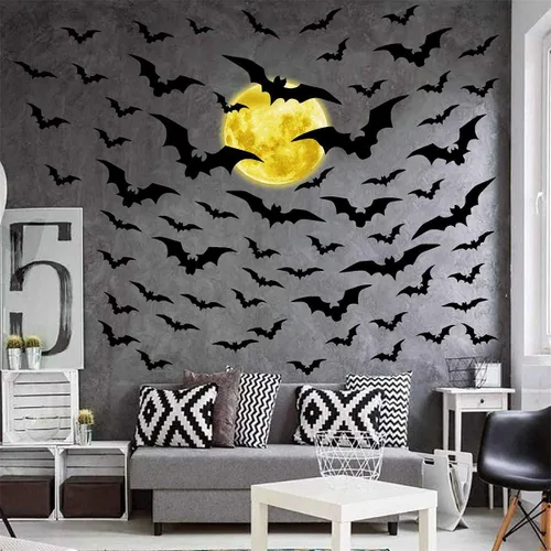 Vista 12 de Halloween Moon Wall Sticker Black Bat Wall Stickers Vinyl Crow Bird Tree Branch Wall Decals Removable Halloween Moon Bat Wall Decals Bats Window
