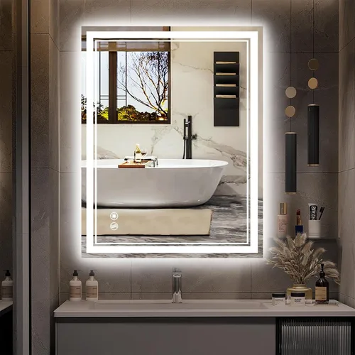 Espejo LED de 28 x 36 pulgadas para baño, espejo de baño antiniebla, regulable, 3 colores, sensor táctil, espejo de baño con luces, espejo de
