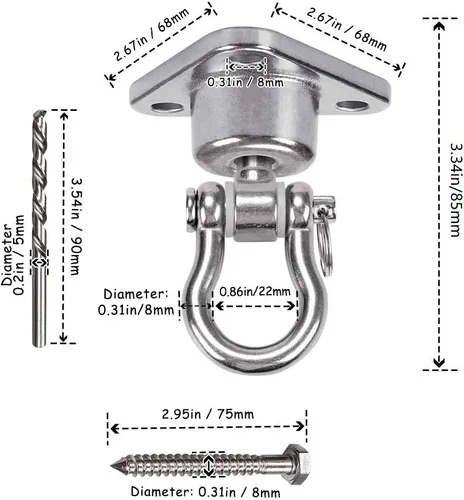 Vista 6 de 9M 2 juegos de ganchos giratorios de acero inoxidable liso, resistente 180°+360°, columpio giratorio de 1500 libras, capacidad de 1500 libras, juego