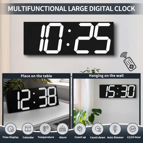 Vista 6 de CHKOSDA Reloj de pared digital grande de 18.7 pulgadas, reloj digital LED con número grande, reloj de pared multifunción con control remoto