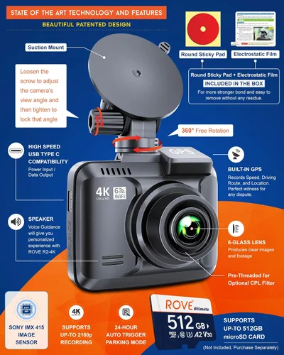 Vista 3 de ROVE R2-4K Dash Cam Grabadora de cámara con WiFi GPS para tablero de automóvil con UHD 2160P, pantalla IPS de 2.4", gran angular de 150°, WDR