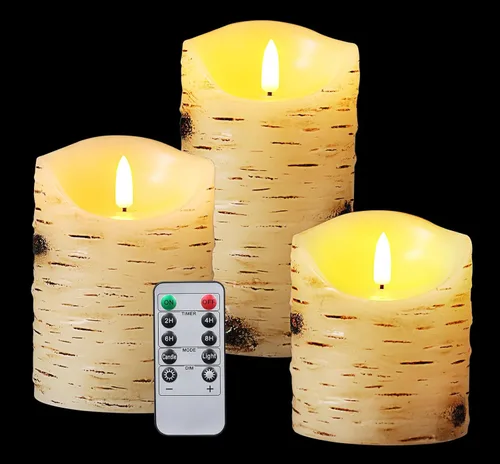 Vista 7 de Velas sin llama LED con efecto de corteza de abedul, juego de 2 (D: 3.25" X H: 6") Velas de pila de cera real color marfil con llama LED danzante